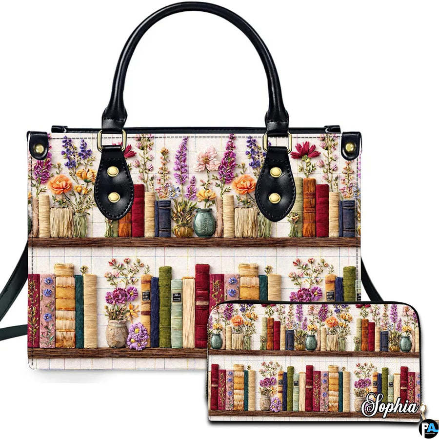 Bookshelf and wildflower illustration displayed on accessory set against white backdrop.