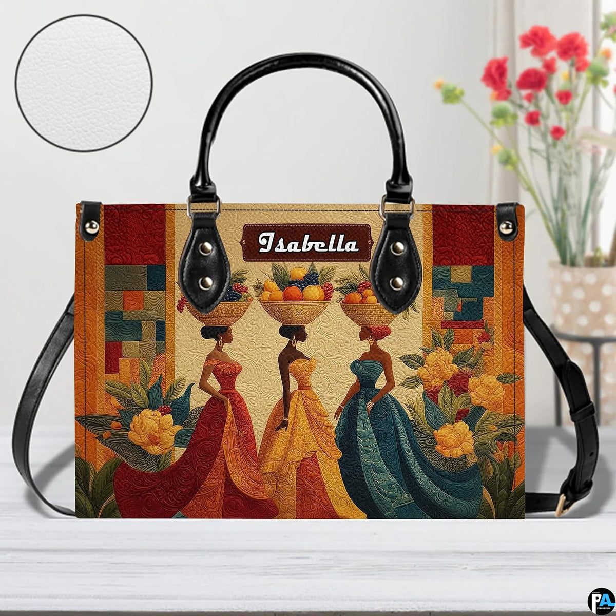 Lifestyle perspective displaying the African harvest women handbag and matching wallet set.