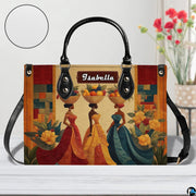 Lifestyle perspective displaying the African harvest women handbag and matching wallet set.