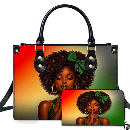 Afro girl handbag and matching wallet with green bow portrait