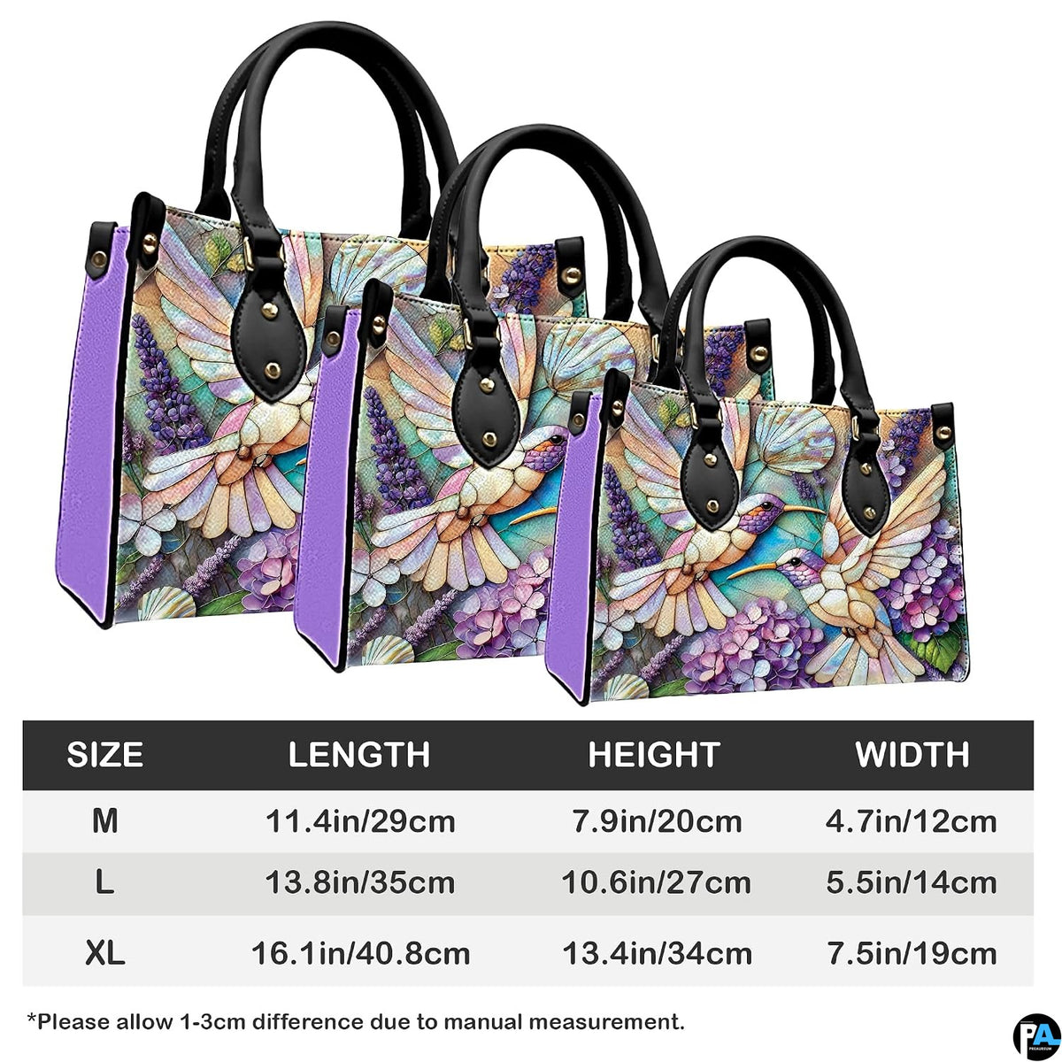 Complete set presentation of mosaic hummingbird handbag and matching wallet on neutral backdrop.