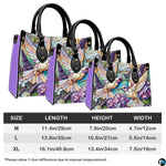 Complete set presentation of mosaic hummingbird handbag and matching wallet on neutral backdrop.
