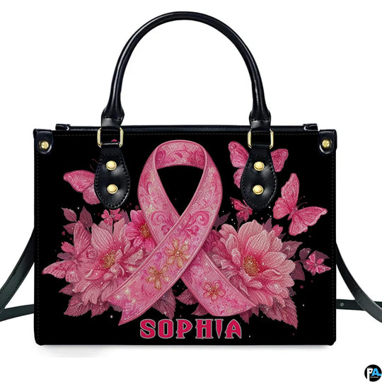 Butterfly ribbon art accessory displaying pink ribbon motif, dahlia florals, and fluttering butterflies.