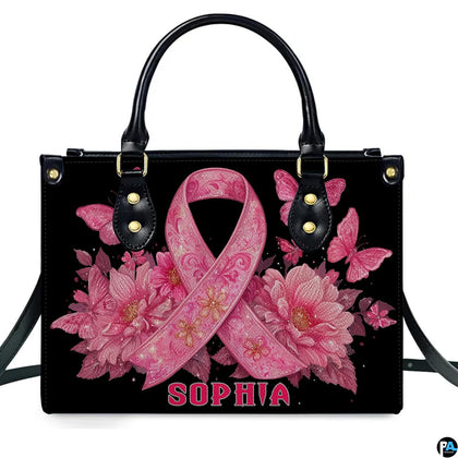 Butterfly ribbon art accessory displaying pink ribbon motif, dahlia florals, and fluttering butterflies.
