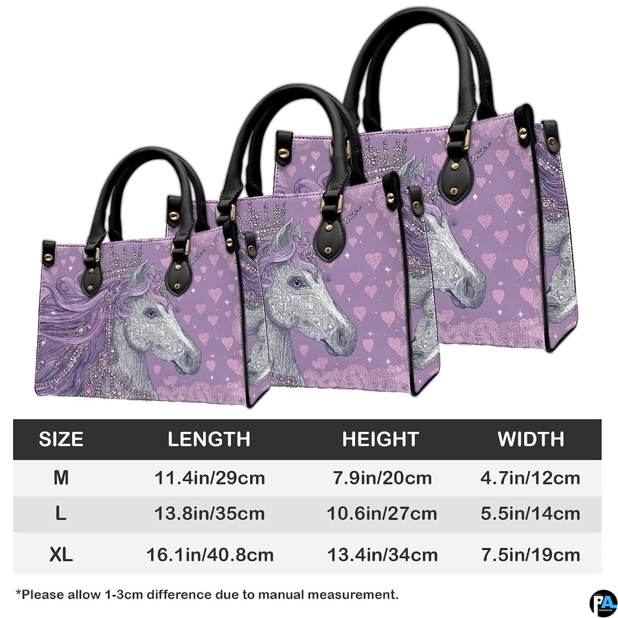 Coordinated arrangement of handbag and wallet displaying the matching unicorn design.