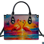 Angled display highlighting the golden sunset reflection and flamingo pair.