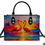 Angled display highlighting the golden sunset reflection and flamingo pair.
