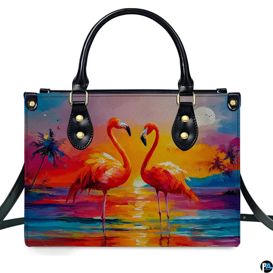 Angled display highlighting the golden sunset reflection and flamingo pair.