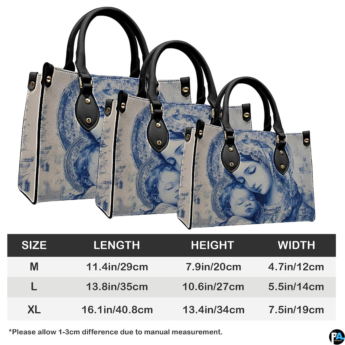 Size comparison chart showing three dimensions for the blue Madonna and Child handbag