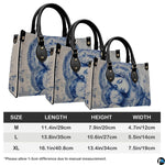 Size comparison chart showing three dimensions for the blue Madonna and Child handbag