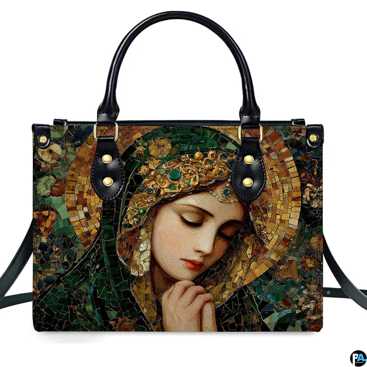 Model walking outdoors carrying Byzantine mosaic Virgin Mary handbag.