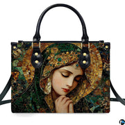 Model walking outdoors carrying Byzantine mosaic Virgin Mary handbag.