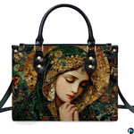 Model walking outdoors carrying Byzantine mosaic Virgin Mary handbag.