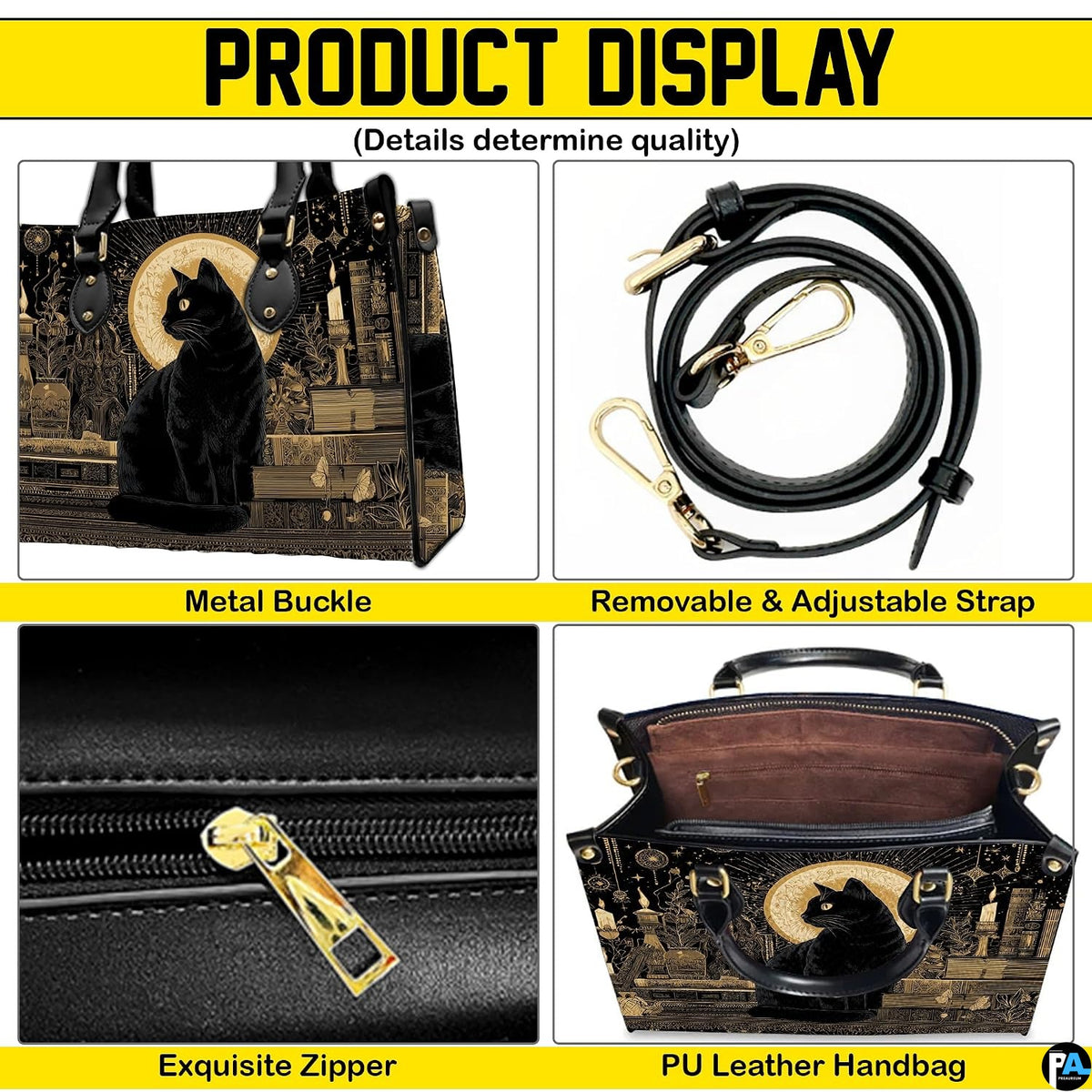 Four-panel layout presenting close-up visual accents of the black cat gothic art design.