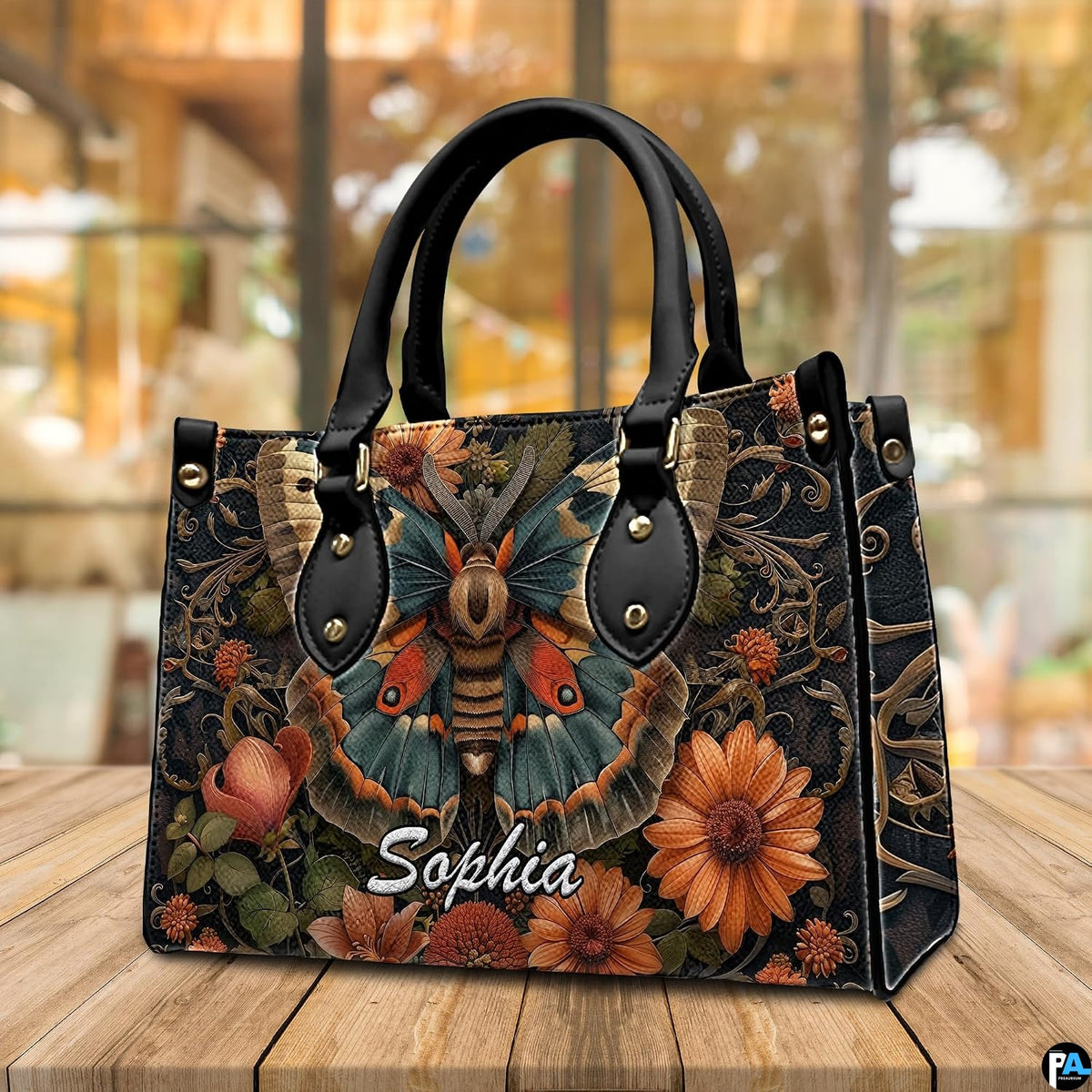 Three-quarter angle view of vintage moth handbag and wallet set