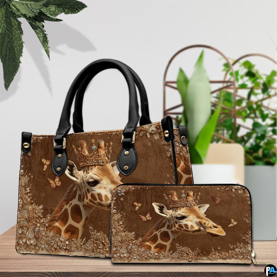 Front view of crowned giraffe handbag displaying regal gold tiara and warm earth tones.