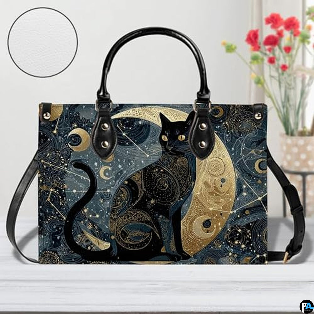 Black Cat Leather Bag – Vintage Cat Art Handbag, Stylish Animal-Themed Purse, Unique Gift for Cat Lovers