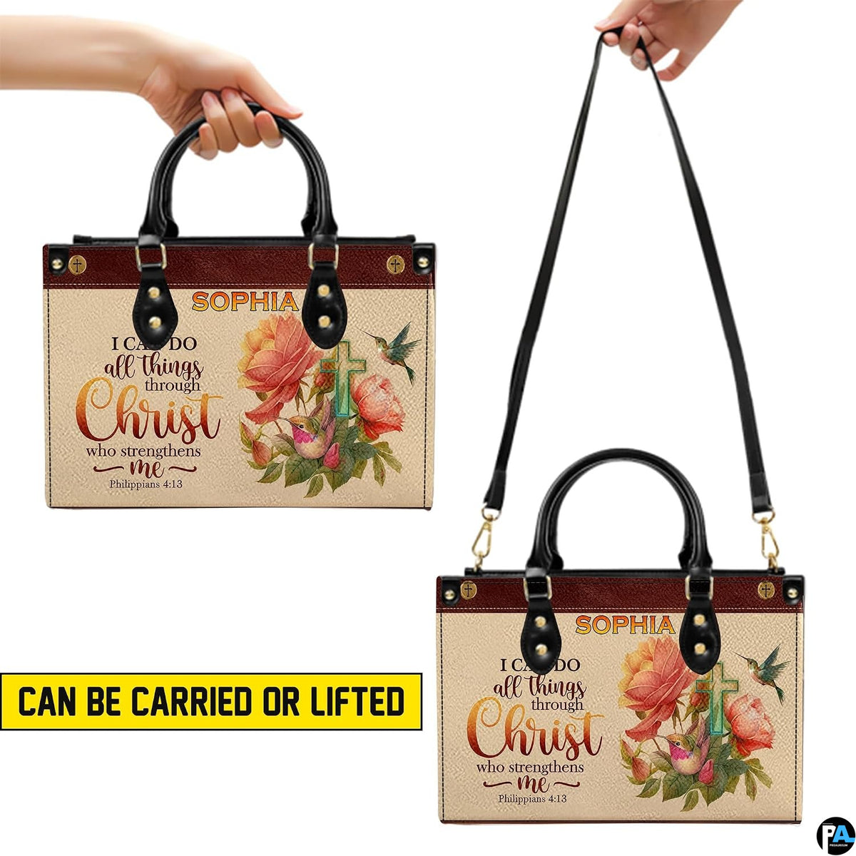 Carry options demonstration showing hand lifting and shoulder strap wear for the scripture handbag.