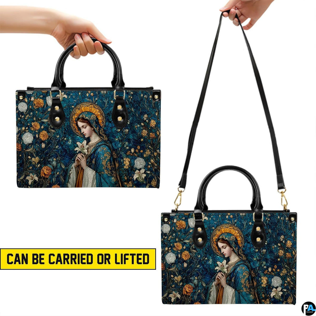 Two presentation views of Madonna mosaic sacred art handbag shown in handheld and shoulder options