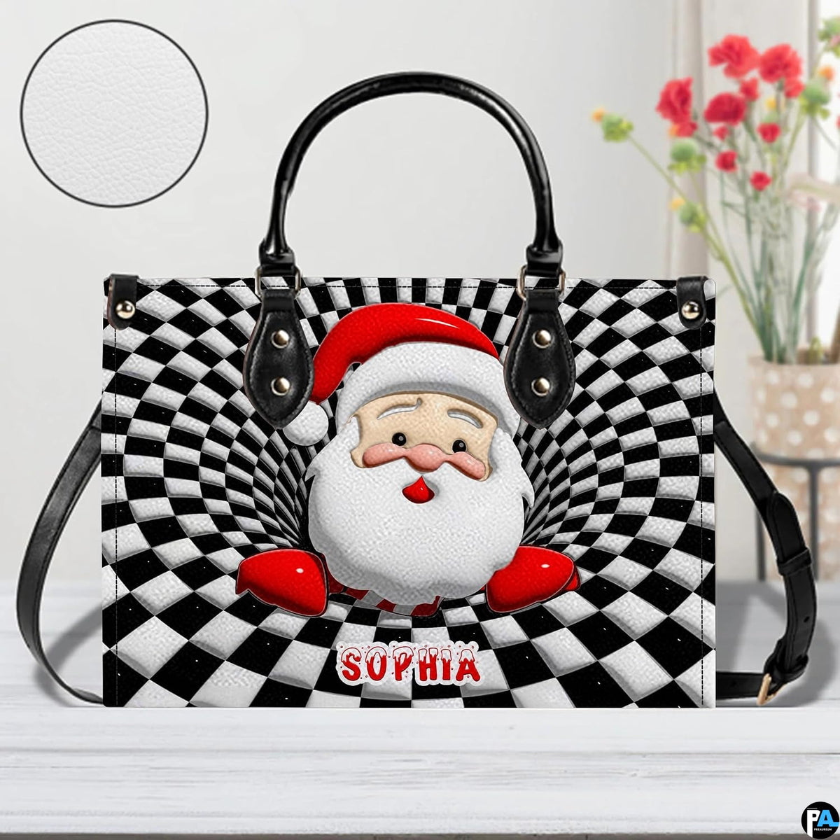 Optical illusion Santa handbag displayed in studio setting with circular texture swatch inset.