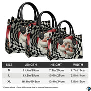 Size guide diagram showing medium, large, and extra-large options for checkered Santa handbag