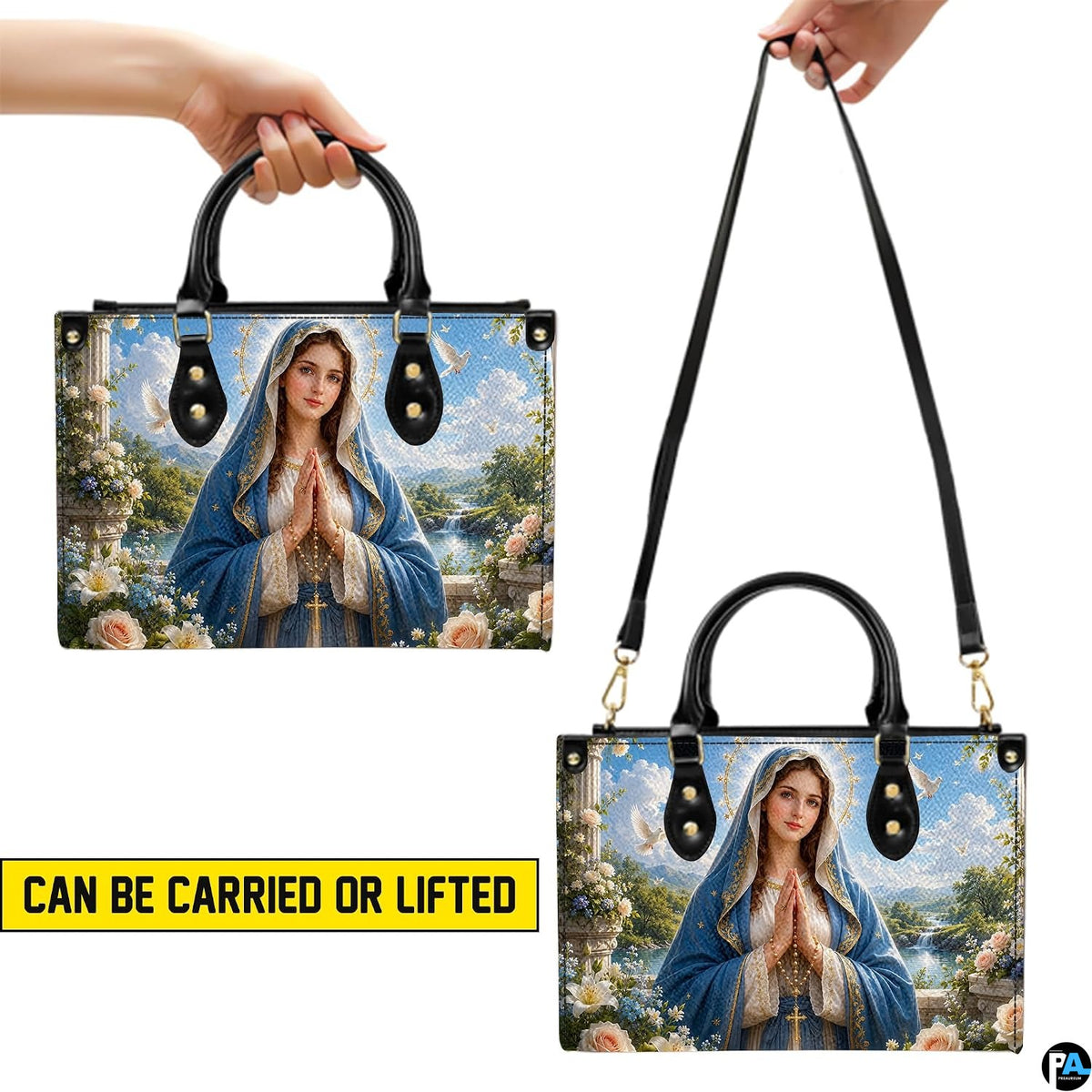 Angled view showing structured Virgin Mary scenic river valley handbag