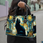 Outdoor street view showcasing the colorful cat stained glass art held during a sunny outing.