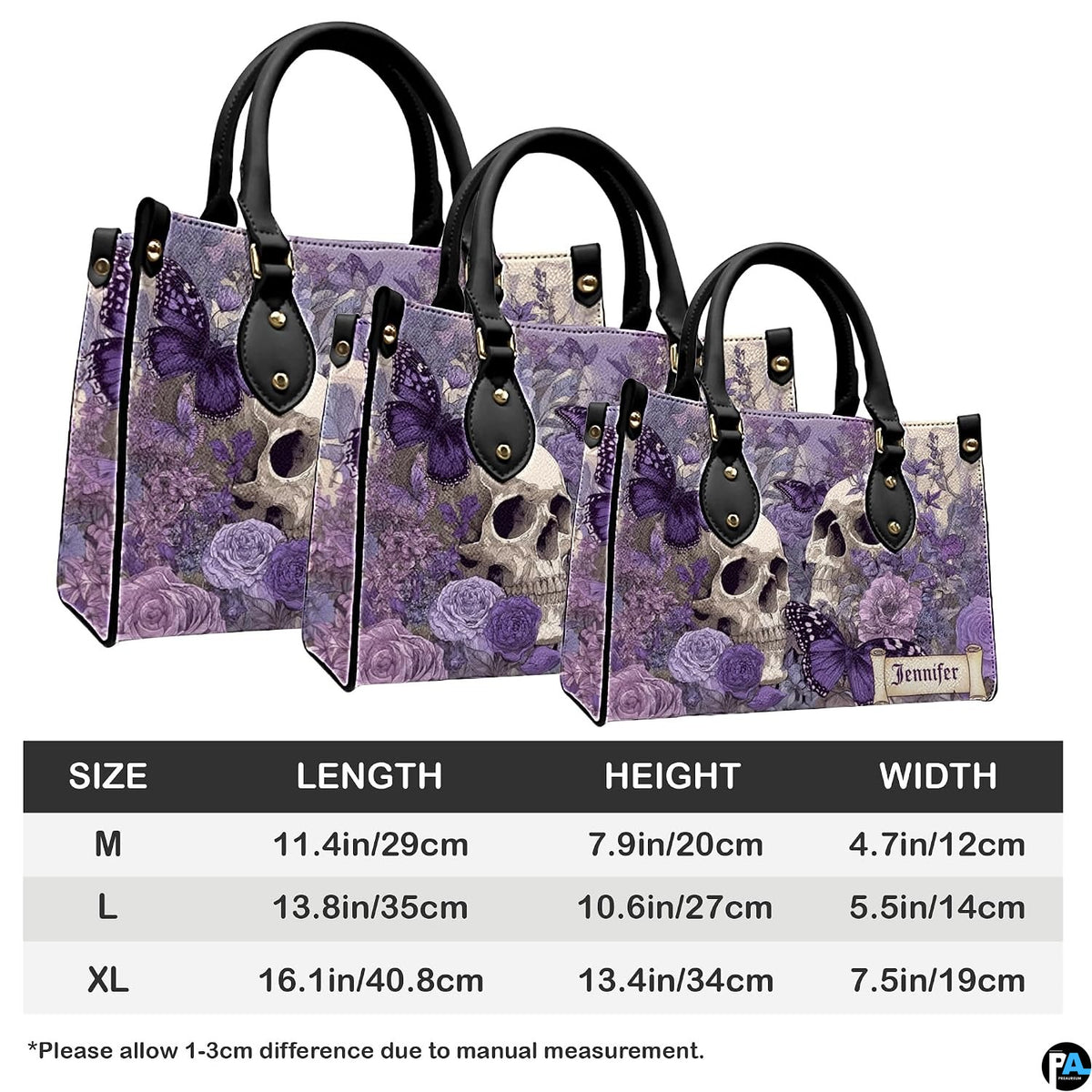Lavender skull handbag and wallet displayed on wooden table beside potted plant.