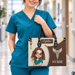 Chibi nurse mocha handbag carried on forearm by medical provider in hospital hallway.