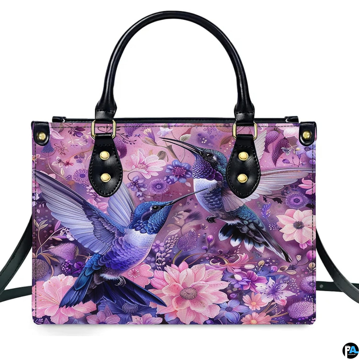 Front view of matching wallet carrying coordinating dual hummingbird and purple floral artwork.