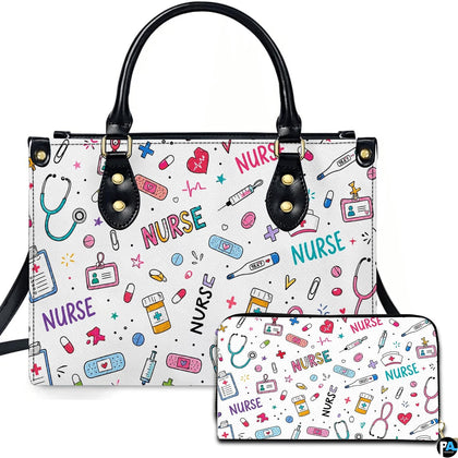 Front view of nurse doodle pattern art showing scattered clinical icons, colorful lettering, and matching companion.