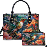 Tessellated mosaic hummingbird handbag and matching wallet set featuring coral flowers and blue backdrop.