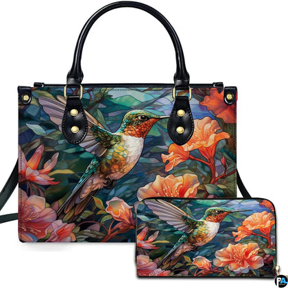 Tessellated mosaic hummingbird handbag and matching wallet set featuring coral flowers and blue backdrop.