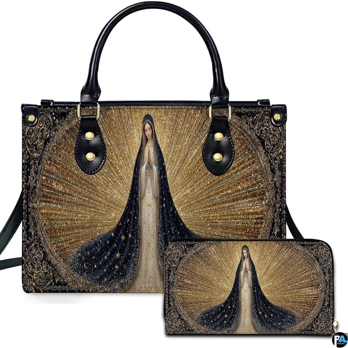 Front view of religious handbag featuring Virgin Mary in starry navy mantle with golden sunburst