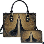 Front view of religious handbag featuring Virgin Mary in starry navy mantle with golden sunburst