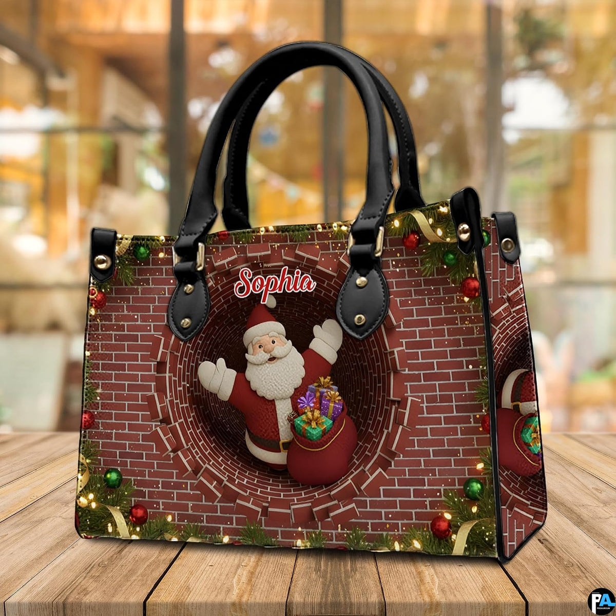Coordinating holiday wallet featuring matching Santa Claus and brick flue festive artwork.