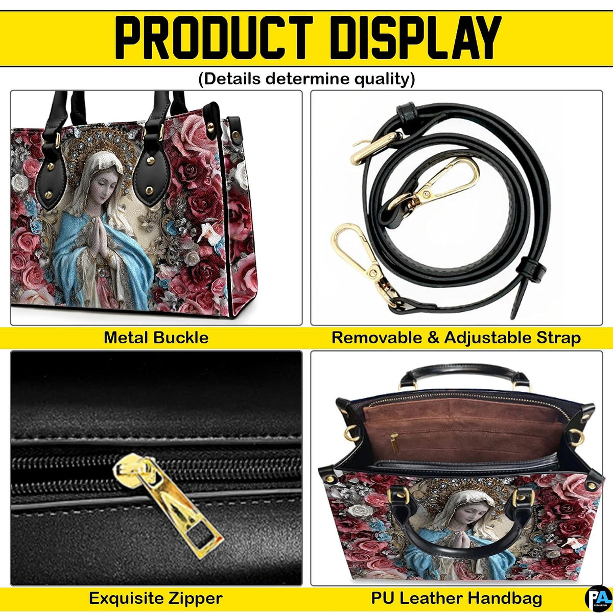 Four-panel detailed visual showcase of hardware fixtures and print styling.