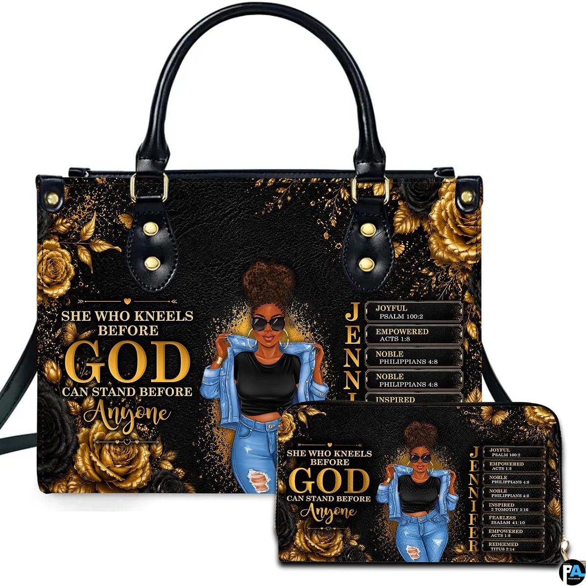 African American Christian artwork featuring an illustrated woman and golden roses presented across an accessory pairing.