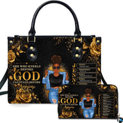 African American Christian artwork featuring an illustrated woman and golden roses presented across an accessory pairing.