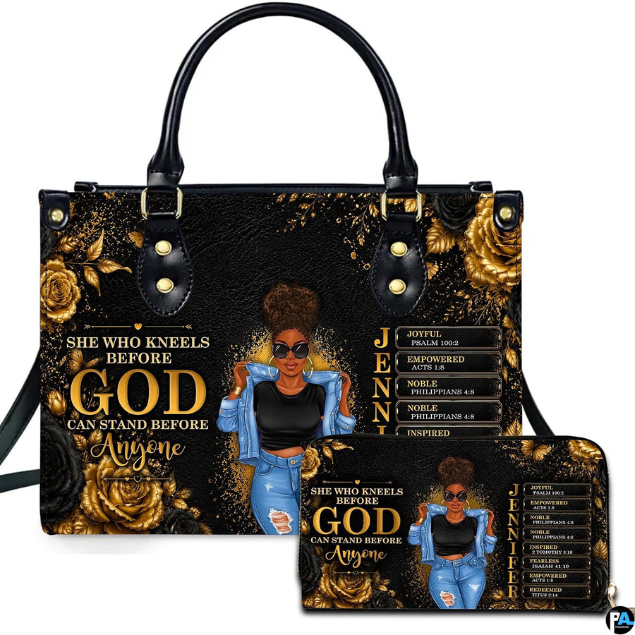 African American Christian artwork featuring an illustrated woman and golden roses presented across an accessory pairing.
