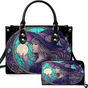 Stained glass art medallion showing a sorceress holding a glowing moon orb beside matching accessory design.