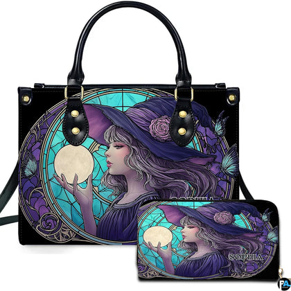 Stained glass art medallion showing a sorceress holding a glowing moon orb beside matching accessory design.