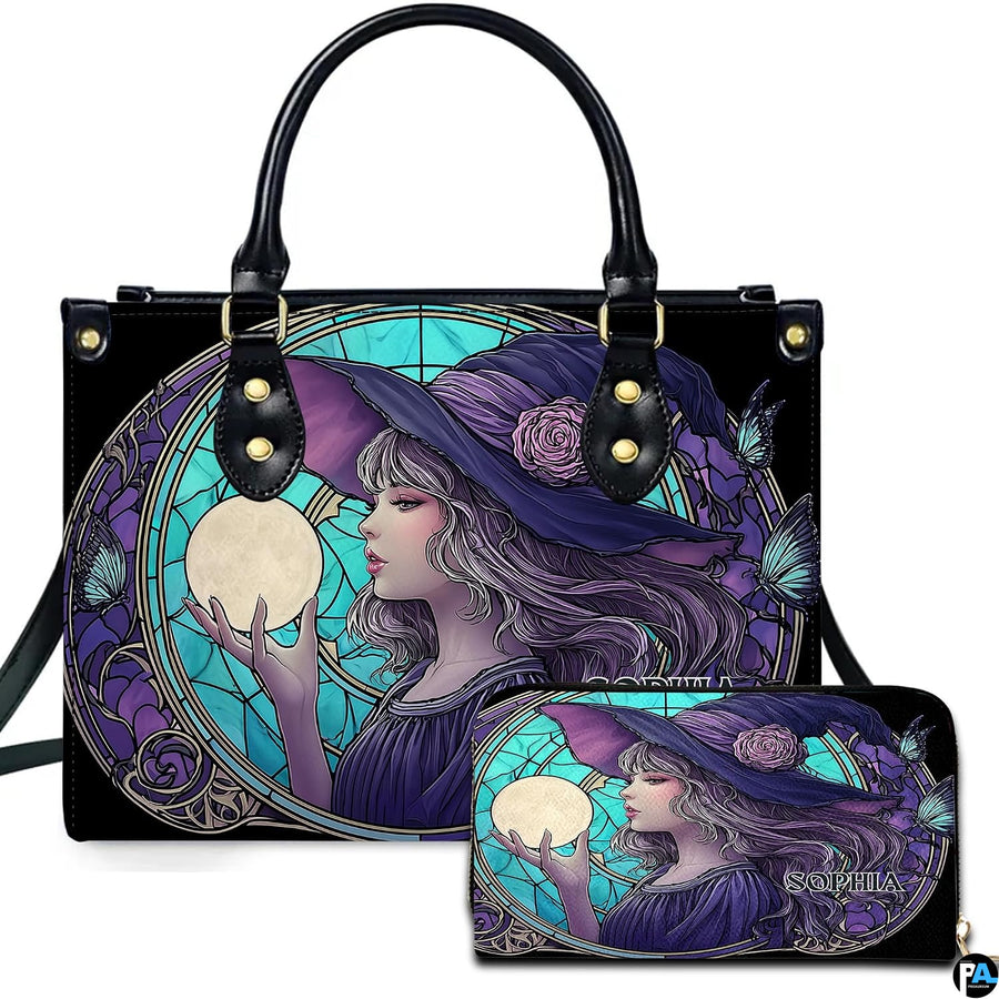Stained glass art medallion showing a sorceress holding a glowing moon orb beside matching accessory design.