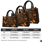 Dimension diagram displaying medium, large, and extra-large measurements for the butterfly handbag.