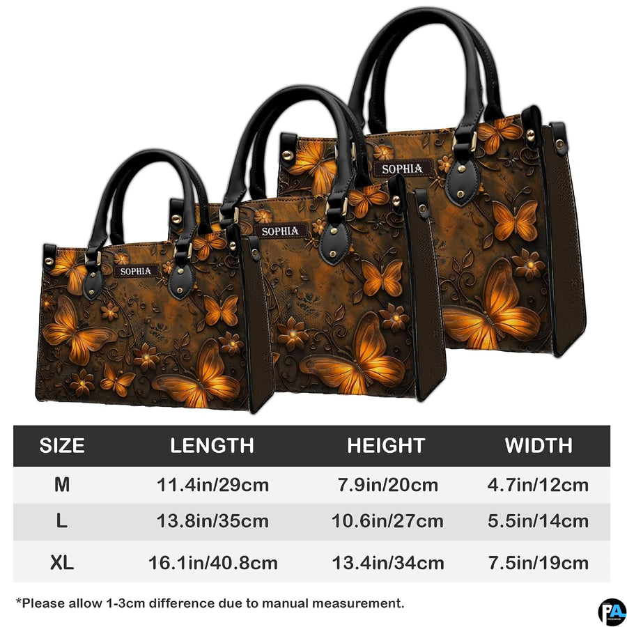 Dimension diagram displaying medium, large, and extra-large measurements for the butterfly handbag.