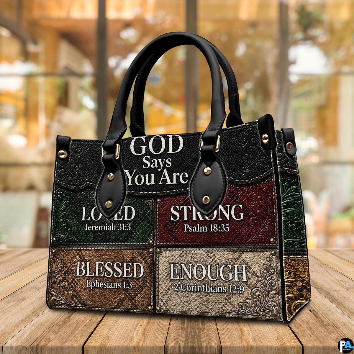 Dimensions graphic displaying size measurements for western colorblock handbag and matching wallet.