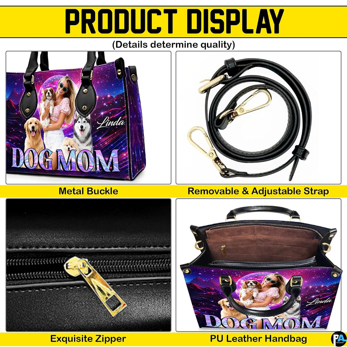 Perspective angle view of canine handbag highlighting side depth and continuous synthwave graphics.