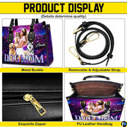 Perspective angle view of canine handbag highlighting side depth and continuous synthwave graphics.