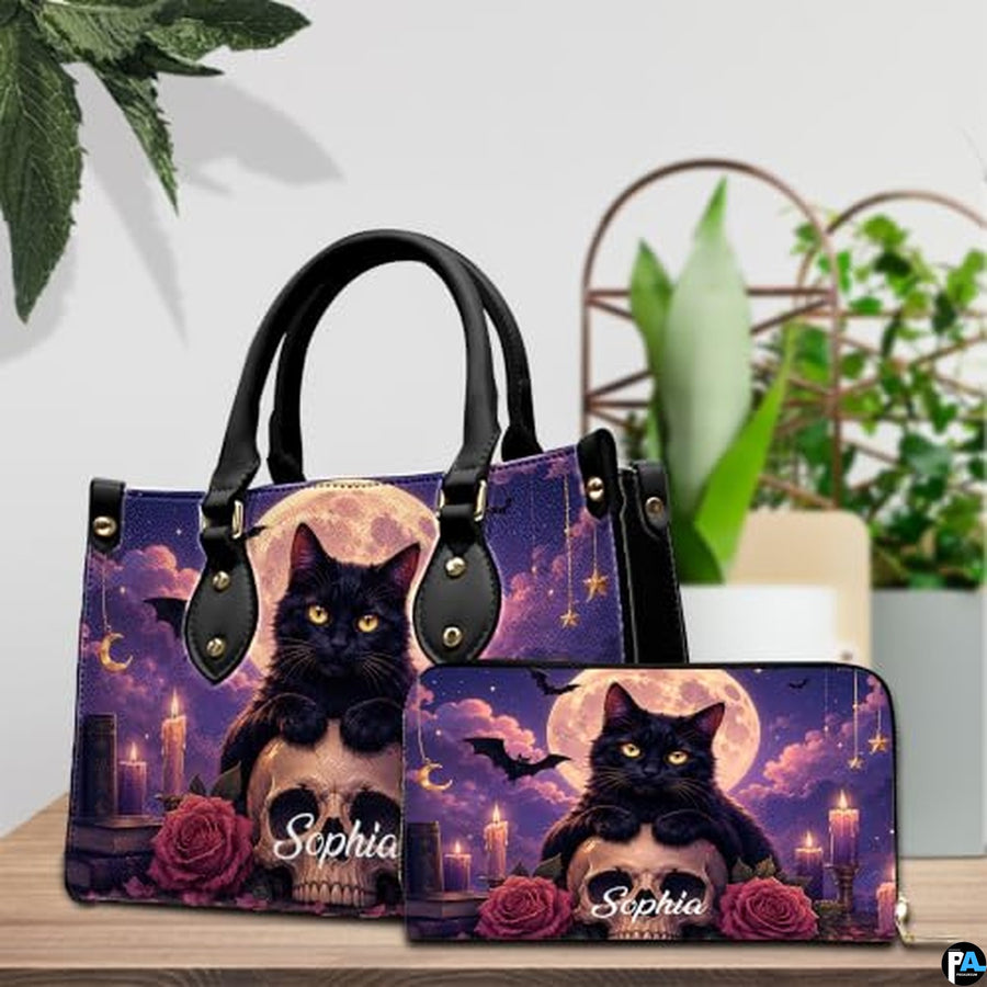 Black Cat Leather Bag – Vintage Cat Art Handbag, Stylish Animal-Themed Purse, Unique Gift for Cat Lovers