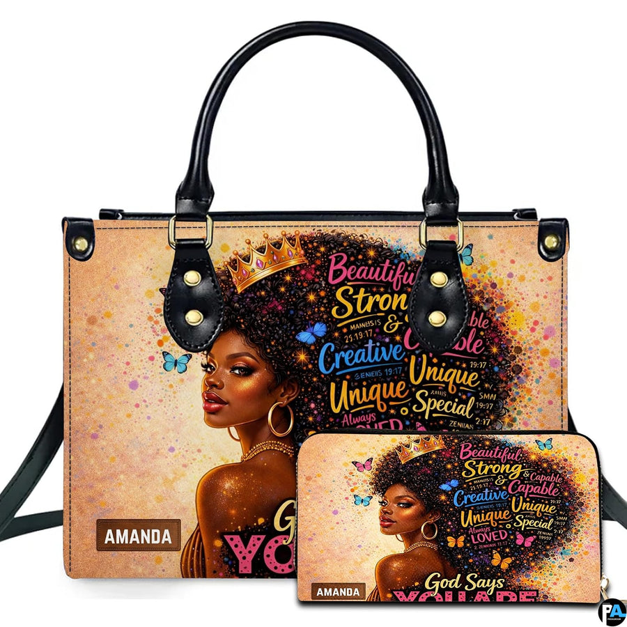 Afro queen handbag and matching wallet with crowned portrait and butterflies